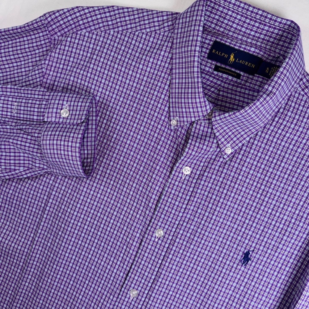 Ralph Lauren Performance Shirt Women XL Purple Check Stretch Button Down